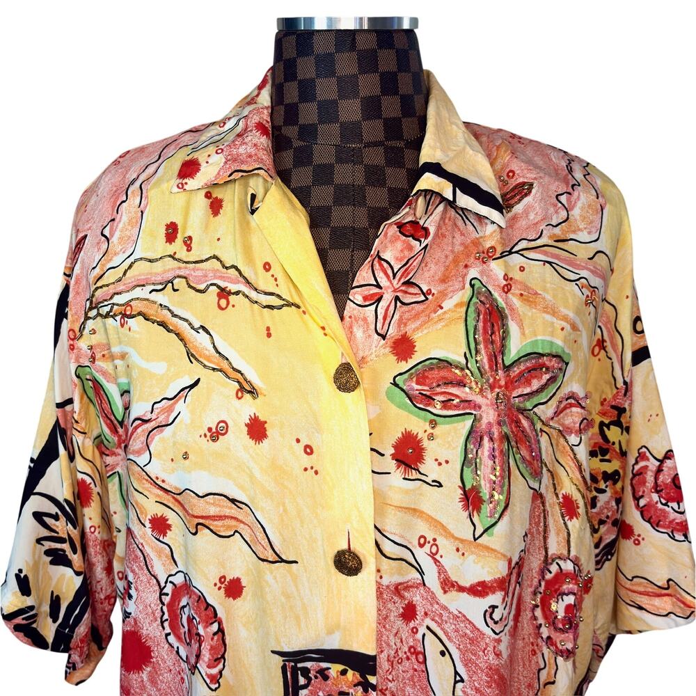 Vtg 80s Abstract Floral Blouse Sequin Beaded Size 2X Retro Oversized Beachy Glam - Picture 5 of 13